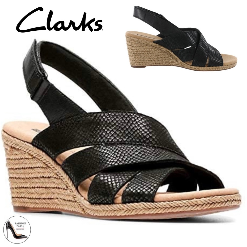 Clarks Lafley Krissy Black Leather Ankle Strap Wedge Sandal Platform Espadrilles